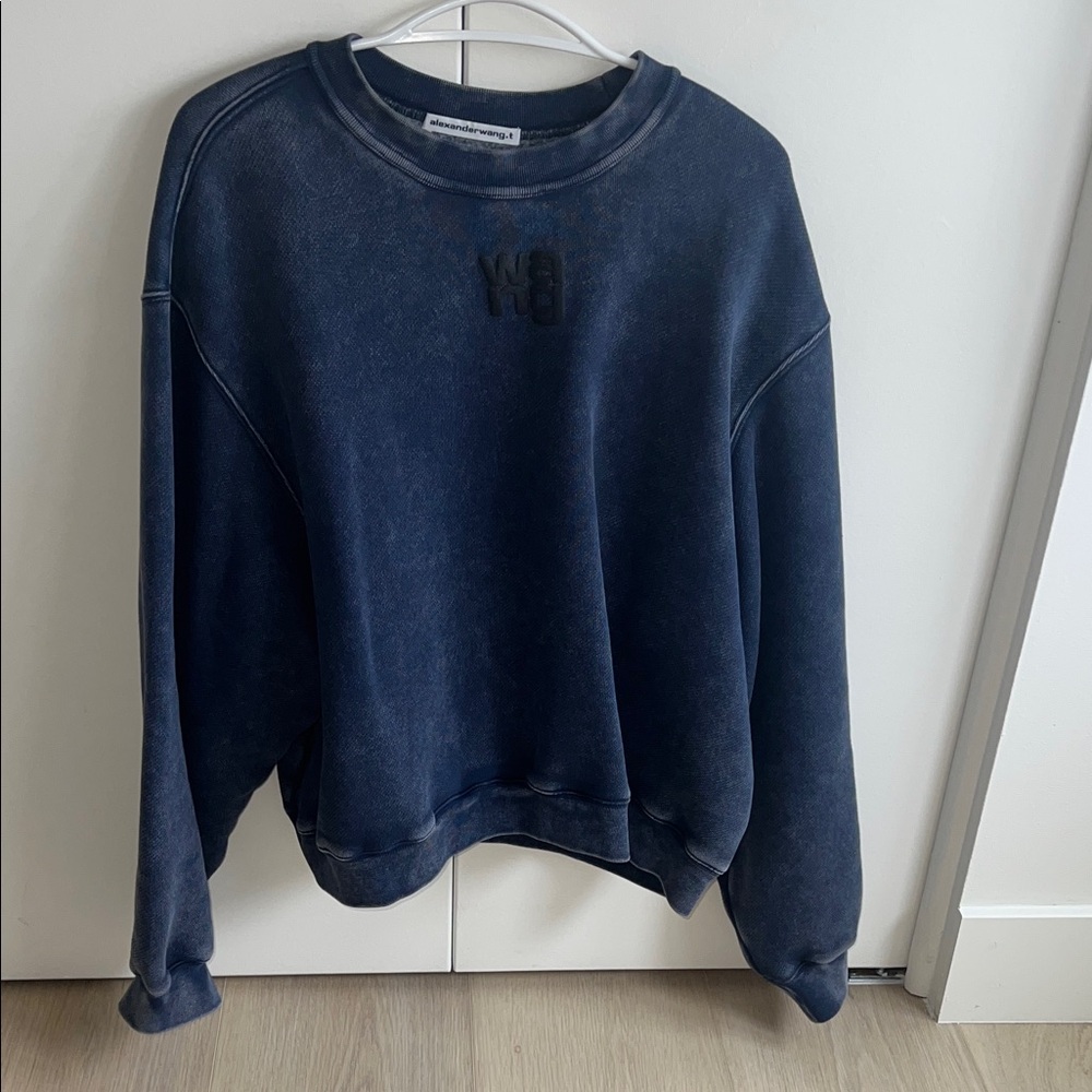 Alexander Wang Washed Navy Crewneck Sweatshirt with Embroidered Logo